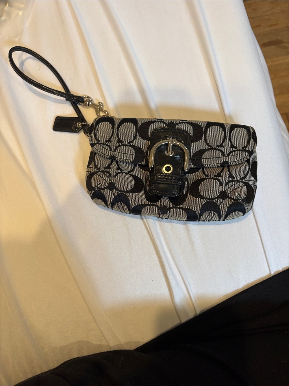 Coach Black and Gray Signature Canvas Wristlet with Buckle